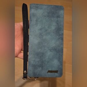 Megshi Watercolor Blue Green Suede Snap Wristlet Wallet